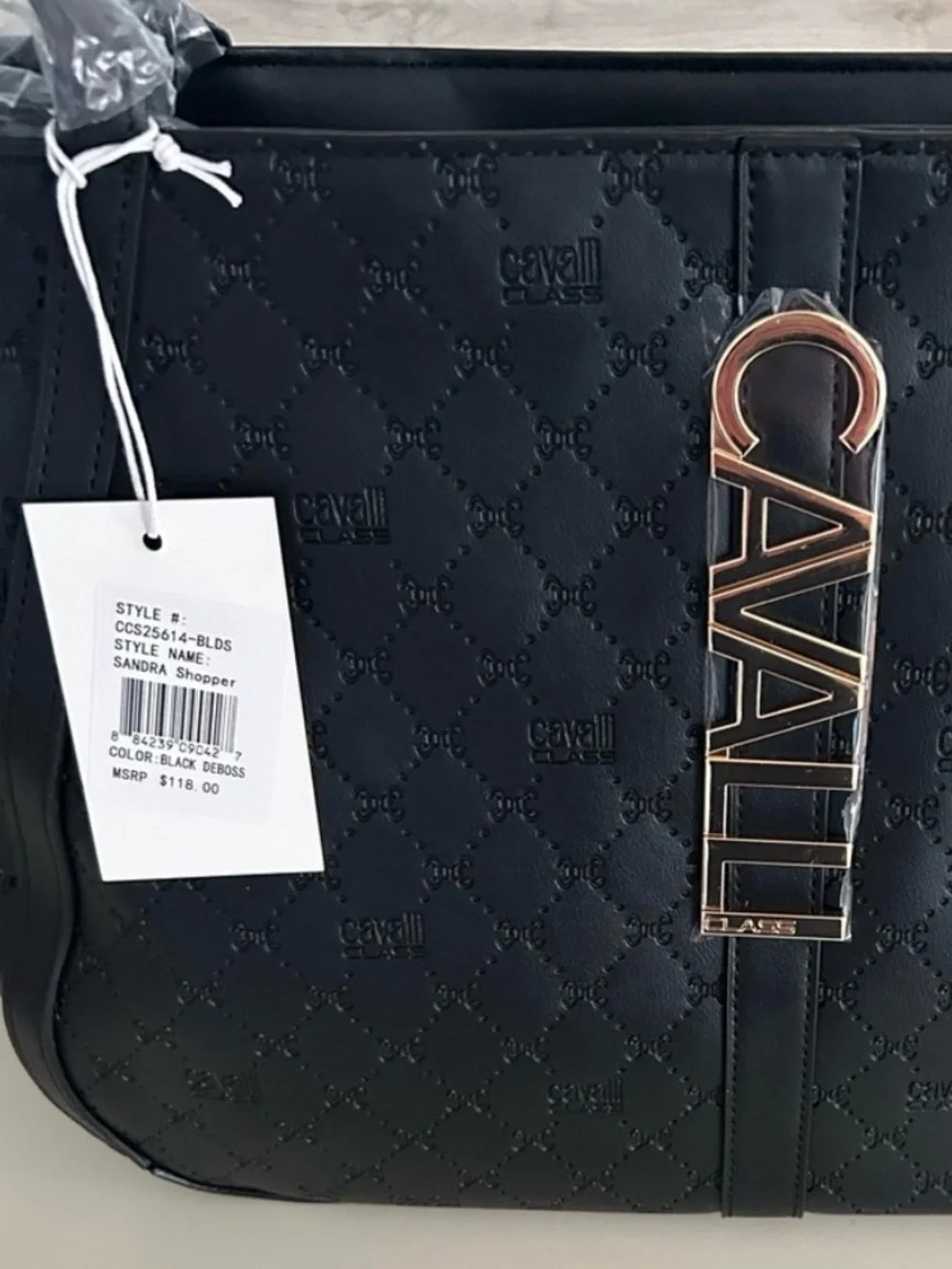 NWT Cavalli Class Sandra Shopper Tote Bag Black Deboss with Gold Hardware - Picture 3 of 13